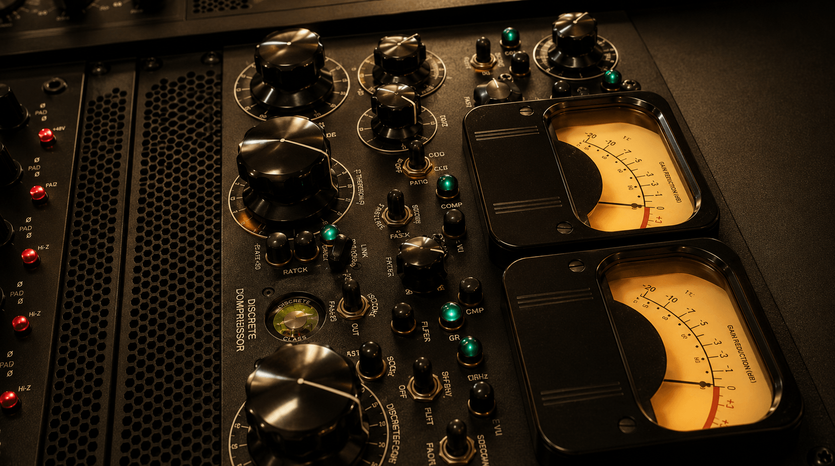 Detalhe técnico de equipamento de áudio com medidores